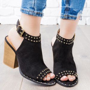 Gold Studded Black Slingback Peep Toe Block Heels